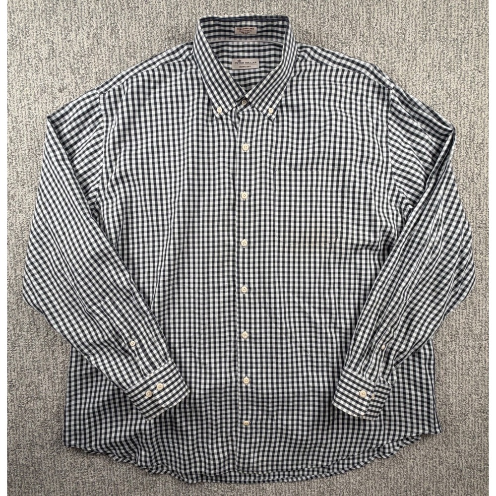 Peter Millar Button Down Men XXL Blue Gingham Crown Soft Cotton Silk Blend Shirt
